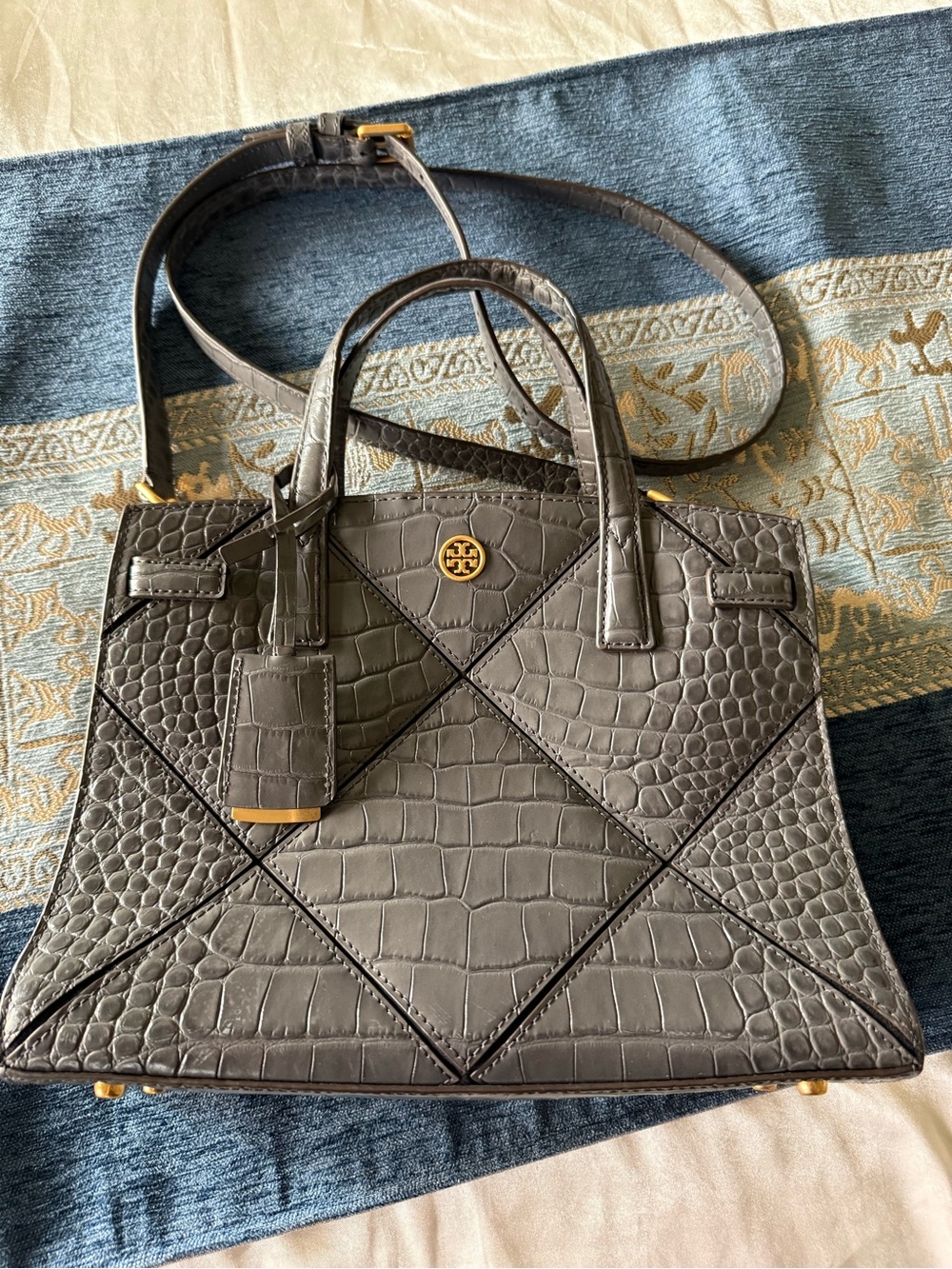 Tory Burch Black Croc-Embossed Leather Satchel with Shoulder Strap - Picture 2 of 6